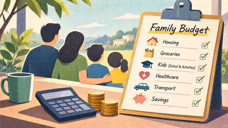 Illustration of a family of four planning a household budget, covering housing, groceries, childcare, healthcare, transportation and savings.