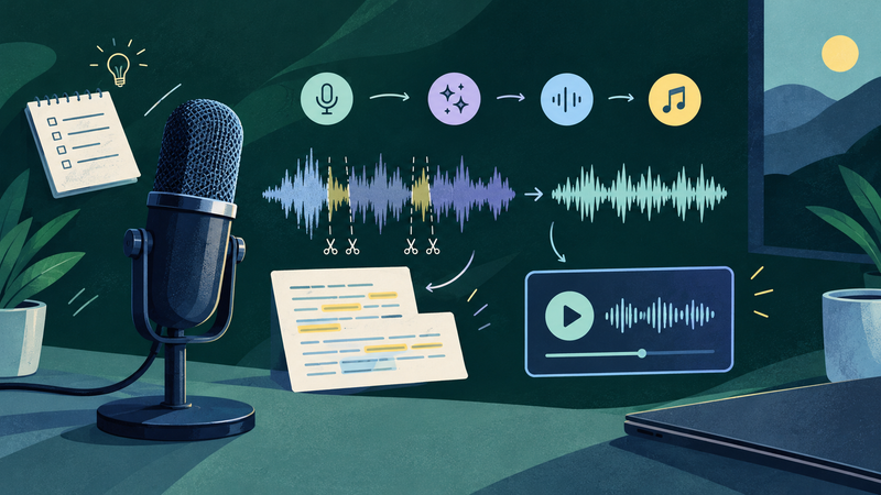 A podcast recording being transcribed, cleaned up and prepared for publication with AI-assisted editing tools.