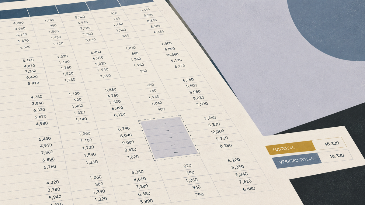 A spreadsheet grid with a missing data range and a separate verified subtotal illustrating why AI-generated analysis needs checking.
