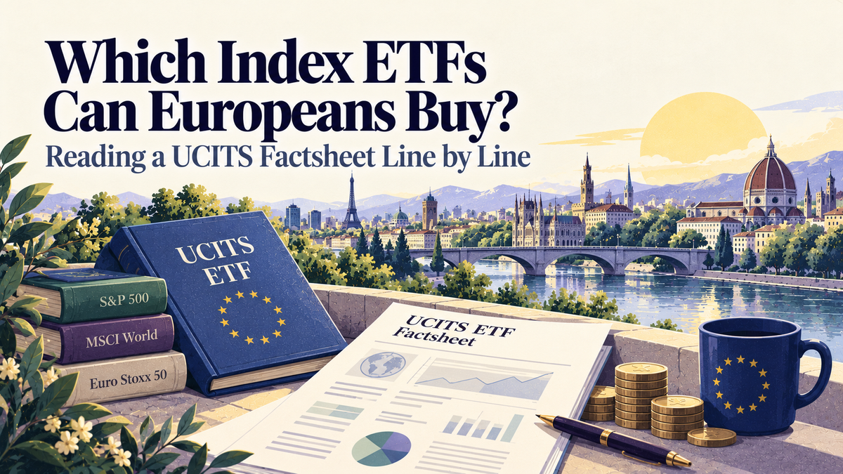 Editorial illustration of European index ETF investing, featuring a UCITS ETF factsheet, S&P 500 and MSCI World index books, euro coins, and European landmarks.