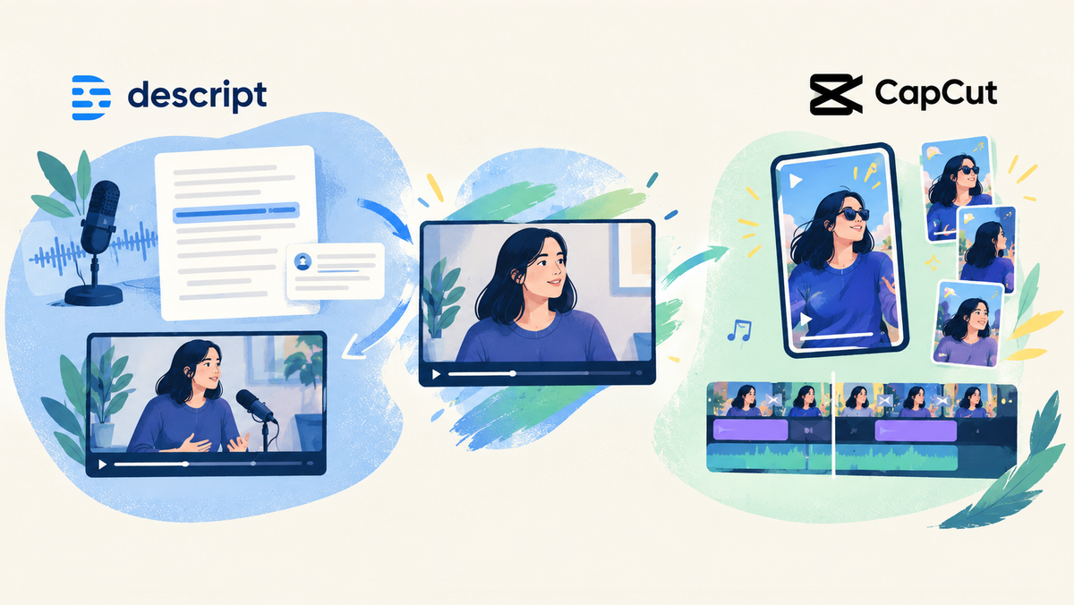 Descript and CapCut shown as different editing fits for long-form spoken content, short-form video and combined creator workflows.