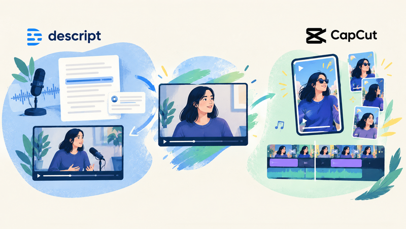 Descript and CapCut shown as different editing fits for long-form spoken content, short-form video and combined creator workflows.