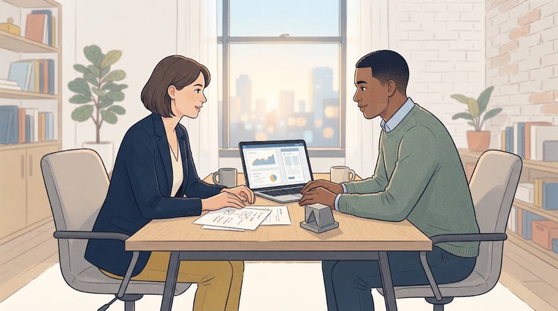 Two startup founders reviewing a completed project and business plan together to assess trust and compatibility.