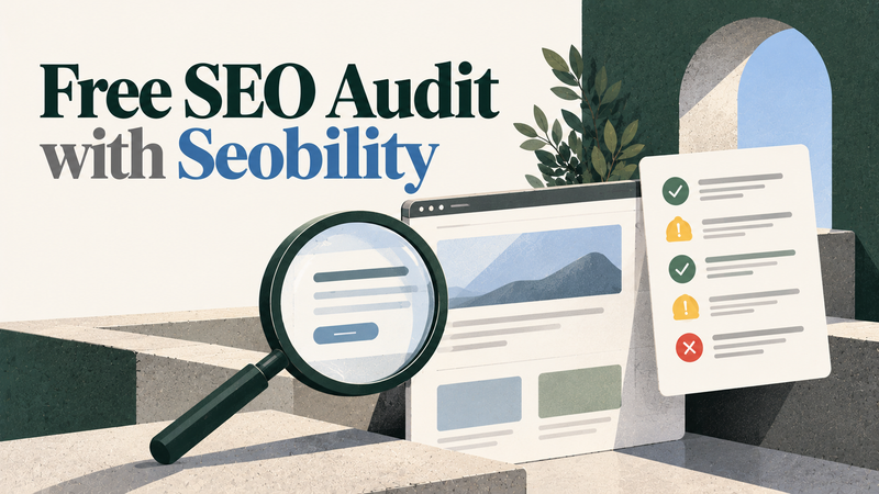 Editorial illustration of a free website SEO audit with Seobility, showing a website being analyzed for technical SEO issues, broken links, page performance, and optimization opportunities, with a detailed audit report.