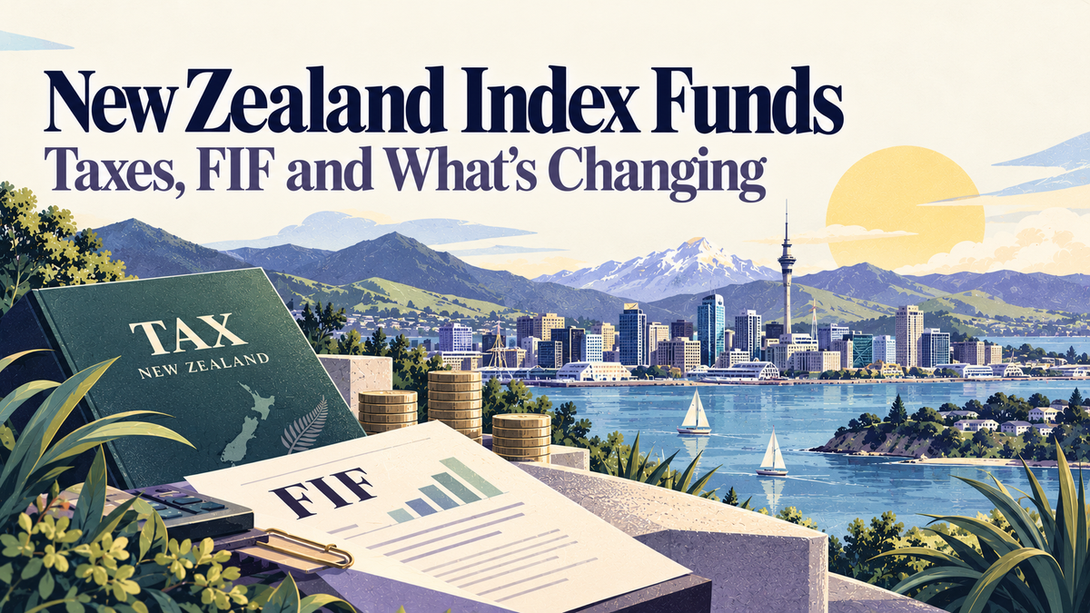 Editorial illustration of New Zealand index fund taxation, featuring a FIF tax document, coins, calculator, and Auckland skyline, highlighting upcoming changes to the FIF threshold.