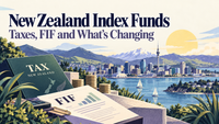 Editorial illustration of New Zealand index fund taxation, featuring a FIF tax document, coins, calculator, and Auckland skyline, highlighting upcoming changes to the FIF threshold.