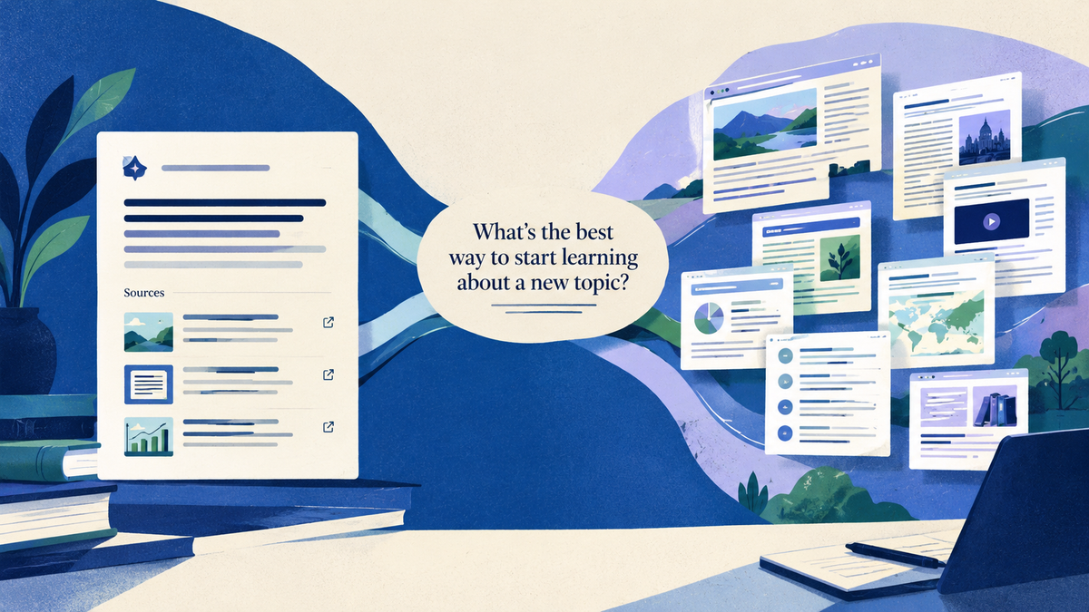 A synthesized answer with cited sources contrasted with a broader collection of search results for deeper research.
