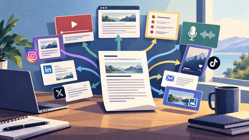 Editorial illustration showing how one blog article can be repurposed into ten content formats, including videos, podcasts, newsletters and social media posts.
