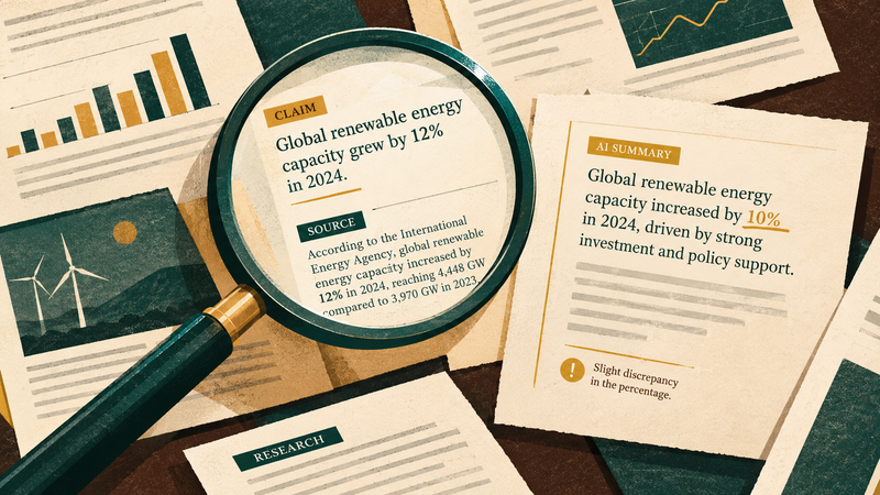 A magnifying lens reveals whether an AI-generated research claim is supported by its original source passage.