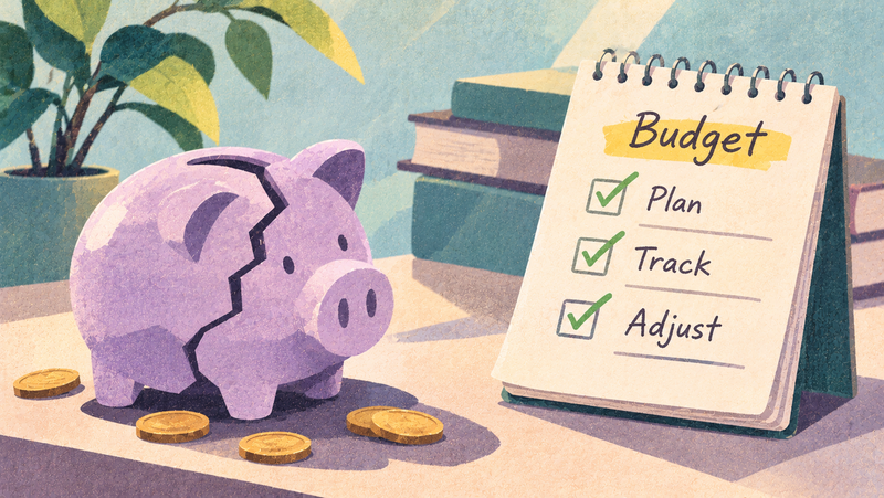 Cracked piggy bank beside a budgeting checklist illustrating common budgeting mistakes, poor money management and ways to improve personal savings.