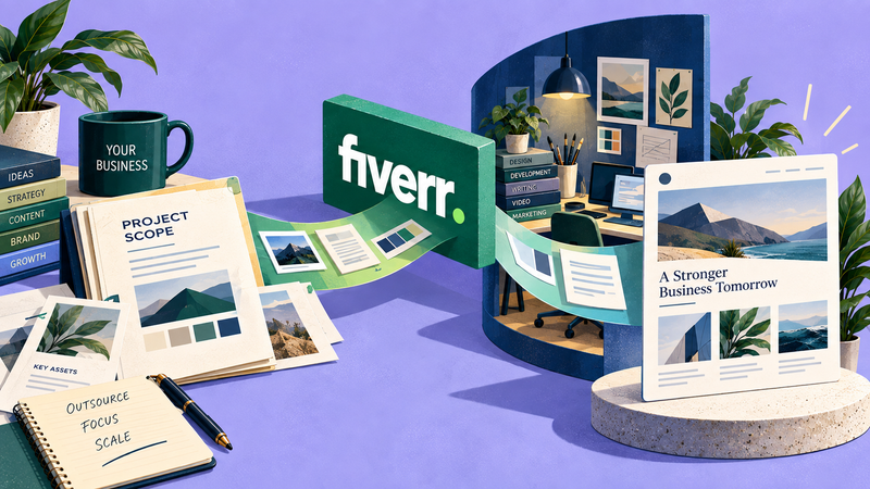 Business outsourcing a clearly defined project through Fiverr and receiving professionally completed work from an external specialist.