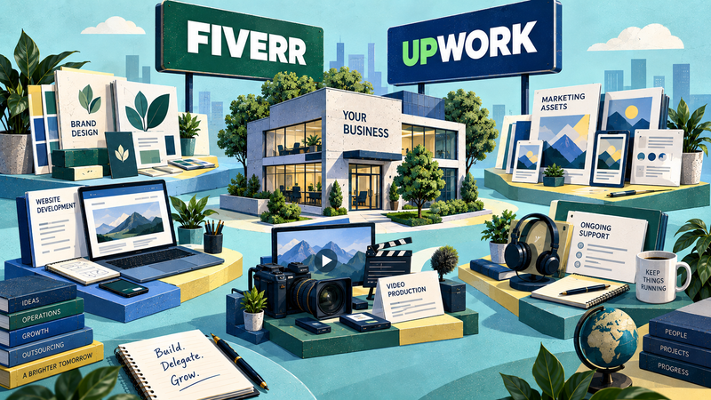 Business considering Fiverr and Upwork for different freelance needs across design, web, marketing, video and ongoing support.