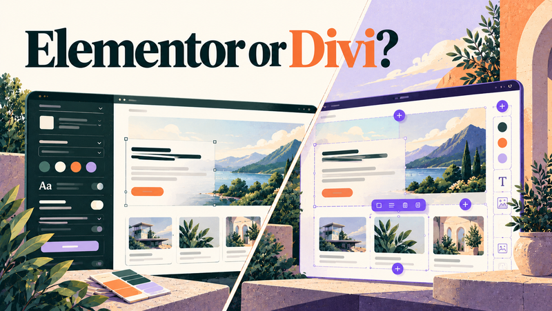 Editorial illustration comparing Elementor’s settings-panel workflow with Divi’s direct visual page editing.