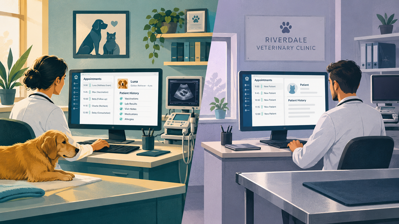 Veterinary clinic scheduling software with established patient records and integrations that a competitor cannot quickly replicate.