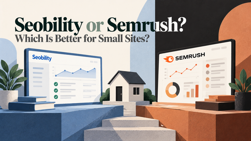 Editorial illustration comparing Seobility and Semrush for small websites, highlighting Seobility's straightforward SEO auditing and Semrush's broader keyword research and analytics tools.