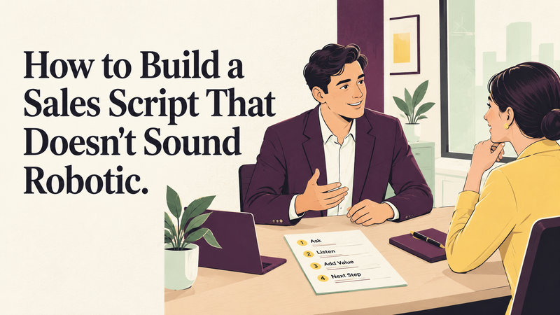Salesperson listening to a prospect while using a simple conversation guide instead of reading a rigid sales script.
