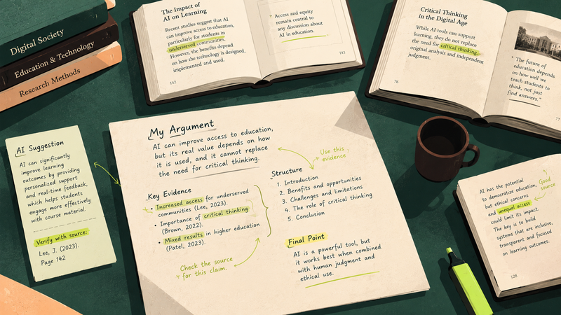Open research books and annotated source passages arranged around an original argument for responsible AI-assisted academic writing.