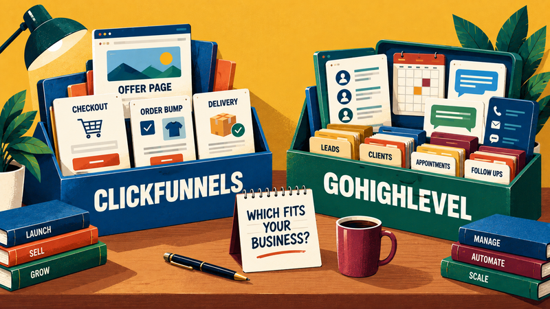 ClickFunnels and GoHighLevel compared through their different strengths in funnel-based selling and customer relationship management.