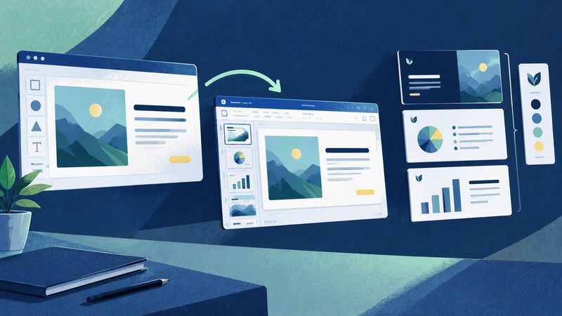 Presentation slides moving from a web-based editor into an editable deck while preserving layout and consistent branding.
