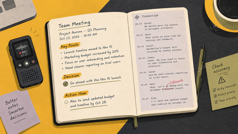 AI-generated meeting notes with a transcript, marked decision and action item beside a small audio recorder.