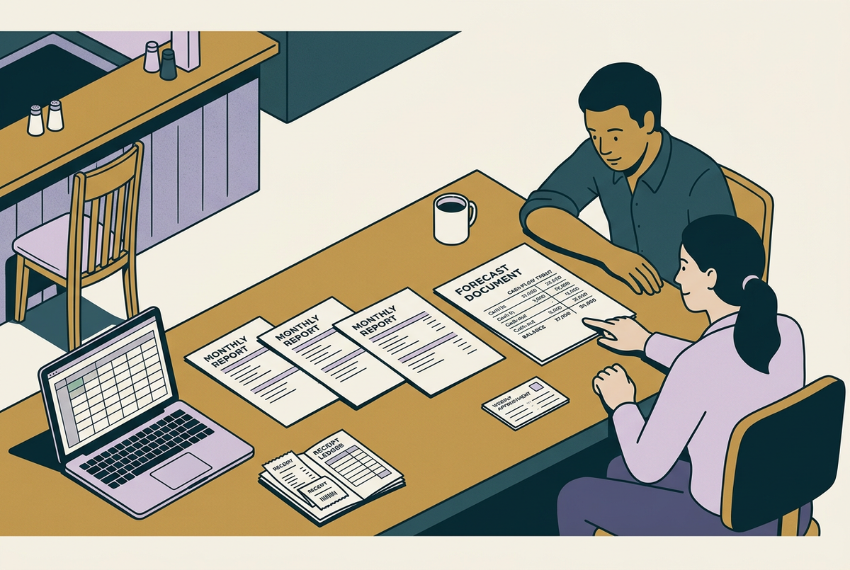 Restaurant owner reviewing a cash-flow forecast and simplified bookkeeping reports as an example of creating customer value while reducing service costs.