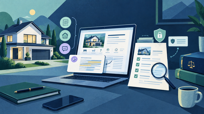 A real estate listing being refined with AI assistance while property details are checked for accuracy and compliance.