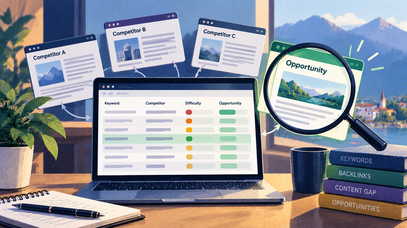 Competitor SEO analysis for small websites, highlighting keyword difficulty, content gaps, backlinks and opportunities to outrank competing pages.