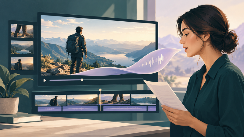 Editorial illustration representing professional AI voiceovers synchronized with video footage.