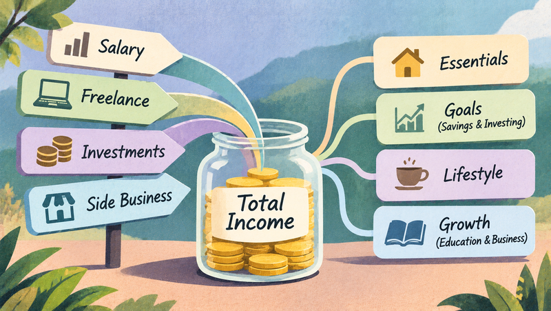 Illustration of budgeting with multiple income streams, combining salary, freelance earnings, investments and side business income to manage expenses and savings.