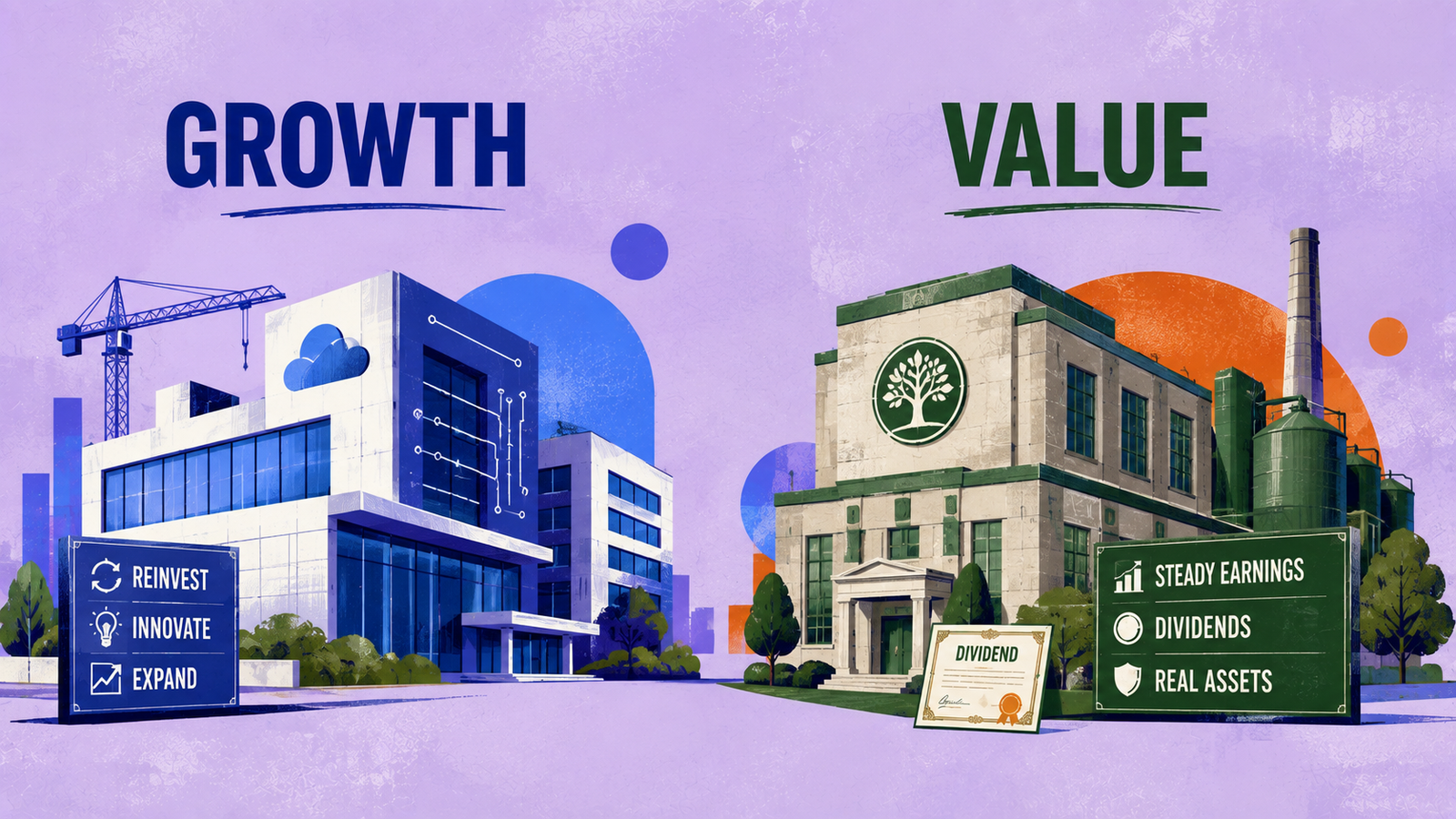 Growth and value stocks compared through an expanding company and an established dividend-paying business.