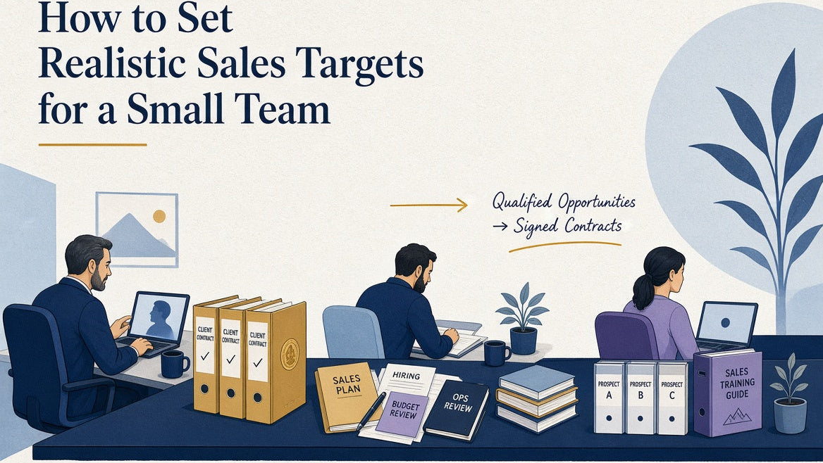 Editorial illustration of a small sales team with different levels of availability and experience working toward realistic sales outcomes.