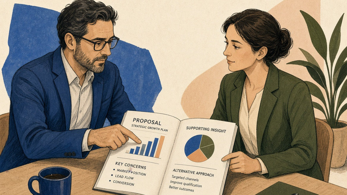 Salesperson calmly listening to a customer’s concern and reviewing a proposal together during a business meeting.