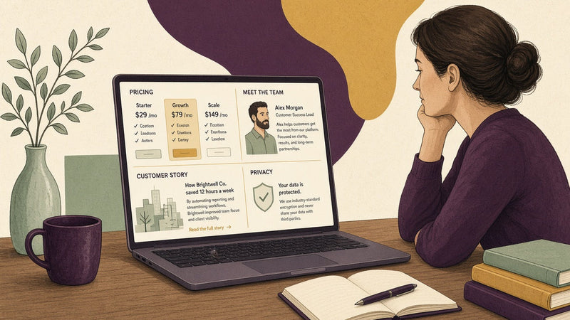 Potential customer researching a company’s pricing, team, and customer proof before contacting sales.