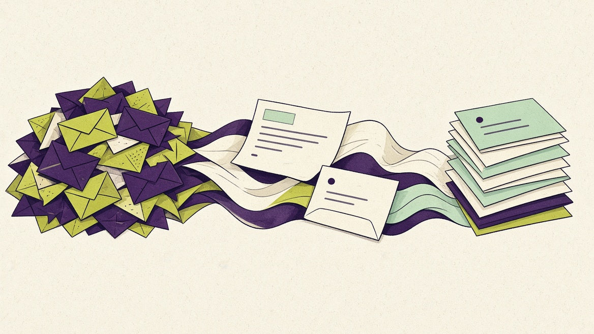 A tangled stream of email correspondence becoming an organized inbox, with one sensitive message set aside for human review.