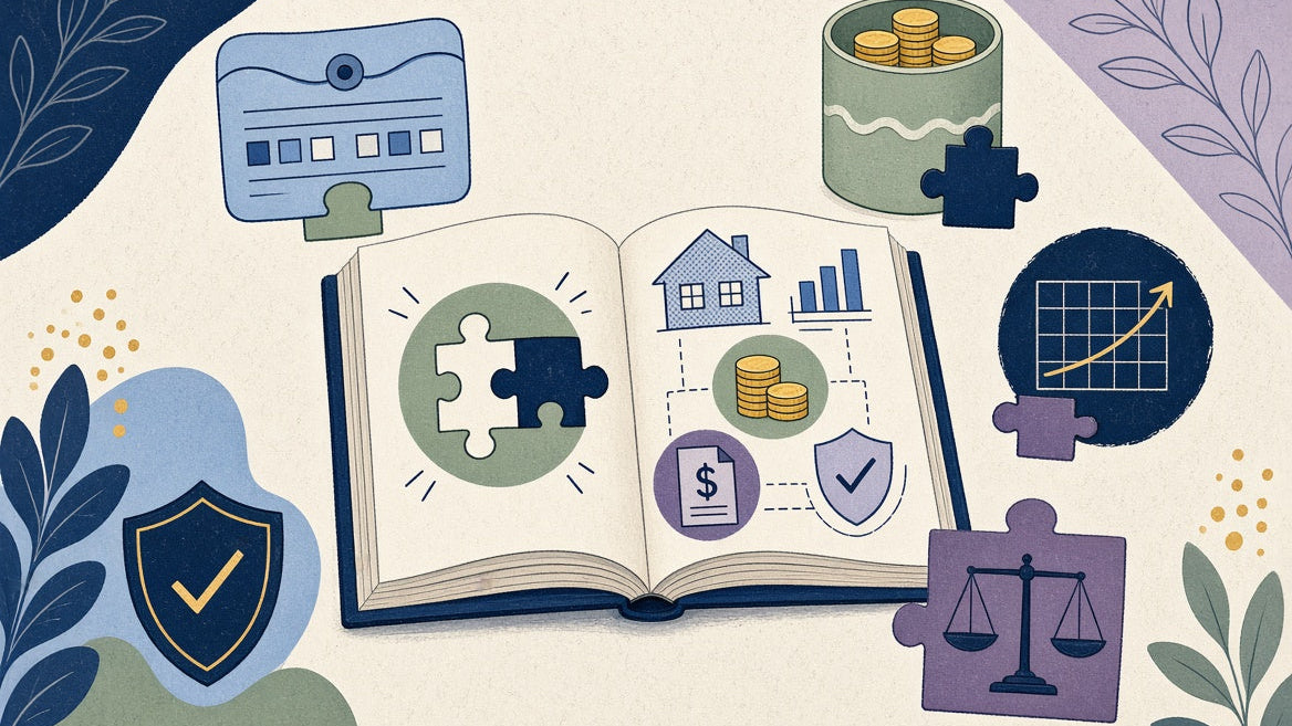 Personal finance fundamentals illustrated through budgeting, saving, investing, debt management and financial protection.