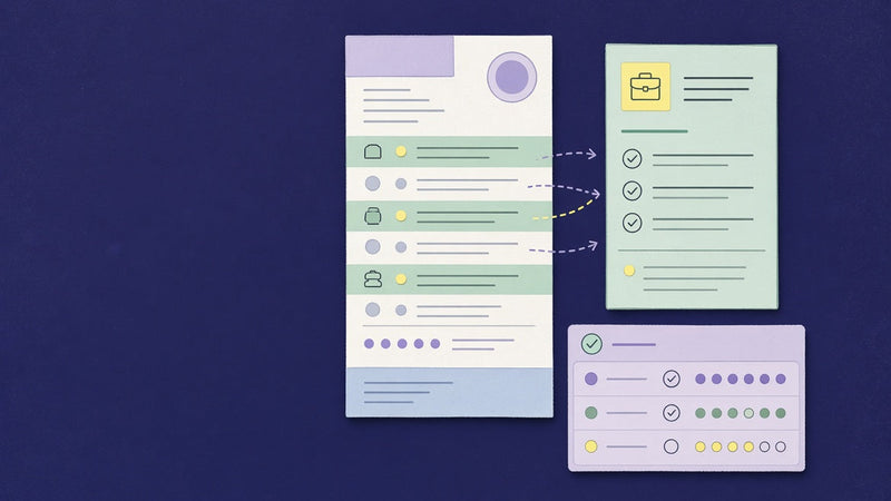 A resume being tailored to a job listing with AI writing assistance and an application tracker.