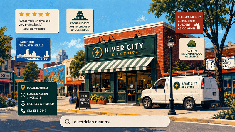 Established local business gaining search visibility through consistent business information, authentic reviews, local mentions, useful city-specific content and strong community relevance.