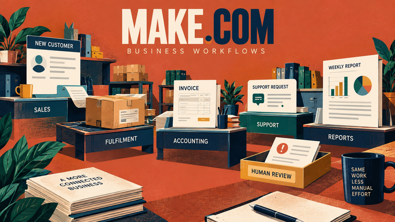 Make.com connecting everyday business tasks across sales, fulfilment, accounting, customer support and reporting.