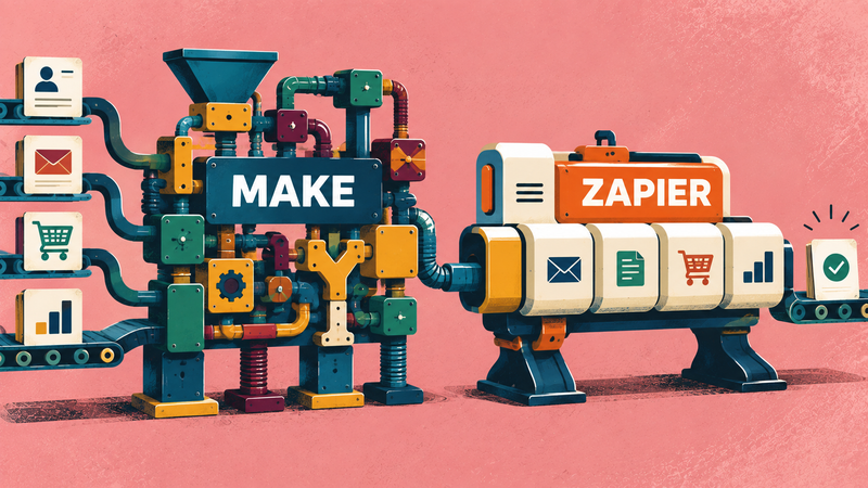 Make and Zapier represented as different automation systems, with Make emphasizing flexible configuration and Zapier streamlined sequential setup.