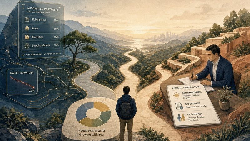 Editorial illustration comparing automated robo-advising with human financial advice for beginner investors